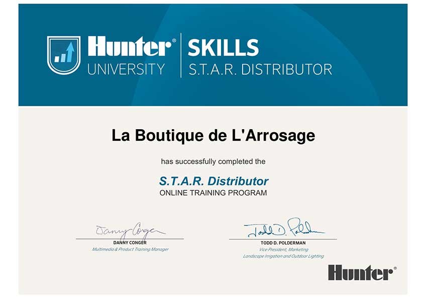 Hunter-University-S.T.A.R.-Distributors-Certificate-La-Boutique-de-L-Arrosage